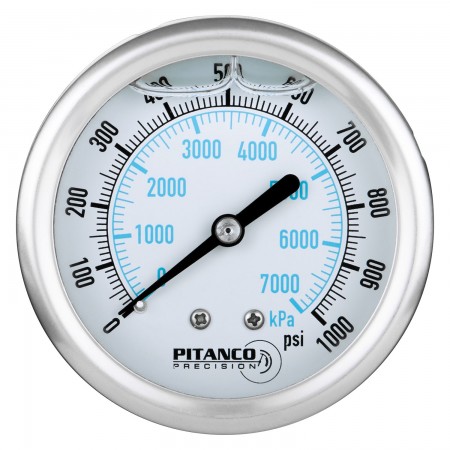 PRESSURE GAUGE SS GLYCERIN - 2 1/2" - 0@1000 PSI - 1/4" MNPT BACK OUTLET