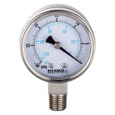 CADRAN VACUUM INOX 2" -30" HG À 0 VAC/KPA - SORTIE 1/4" MNPT AU BAS
